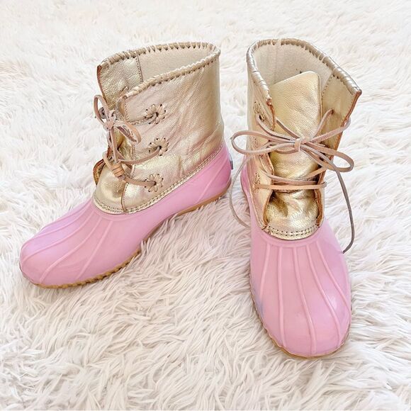 Jack Rogers Women's Chloe Metallic Rain Boot pink gold lace up size 7 - Picture 1 of 7